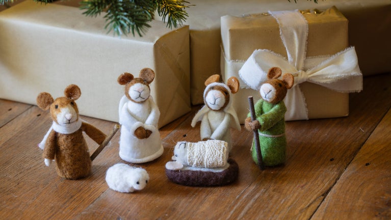 A group of felt mice portraying the Nativity scene